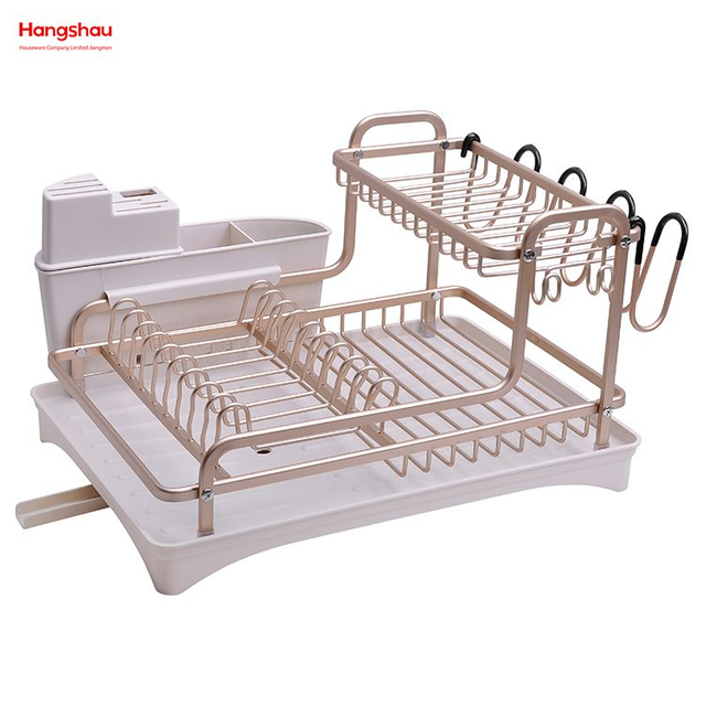 Double Deck Metal Drying Dish Tray Rack Stand Dish Rack Cup Holder Kitchen Utensils Storage Aluminum Alloy Dish Rack over Sink Organizer