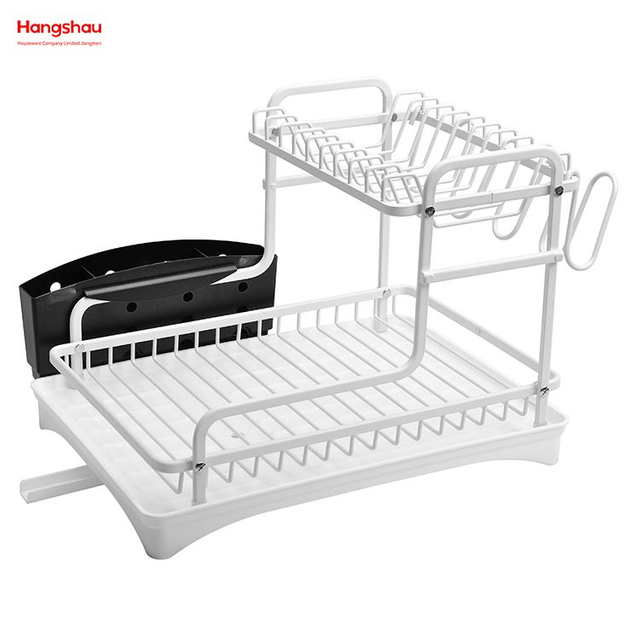 White Kitchen Utensils Storage Aluminum Alloy Metal Drying Dish Tray Rack Organizer Double Deck Stand Dish Rack 