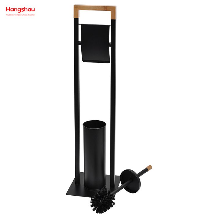 Powder Coated Standing Bamboo&Metal Toilet Brush Holder Lacquer Spraying Metal Free Standing Stainless Steel Toilet Brush And Paper Holder