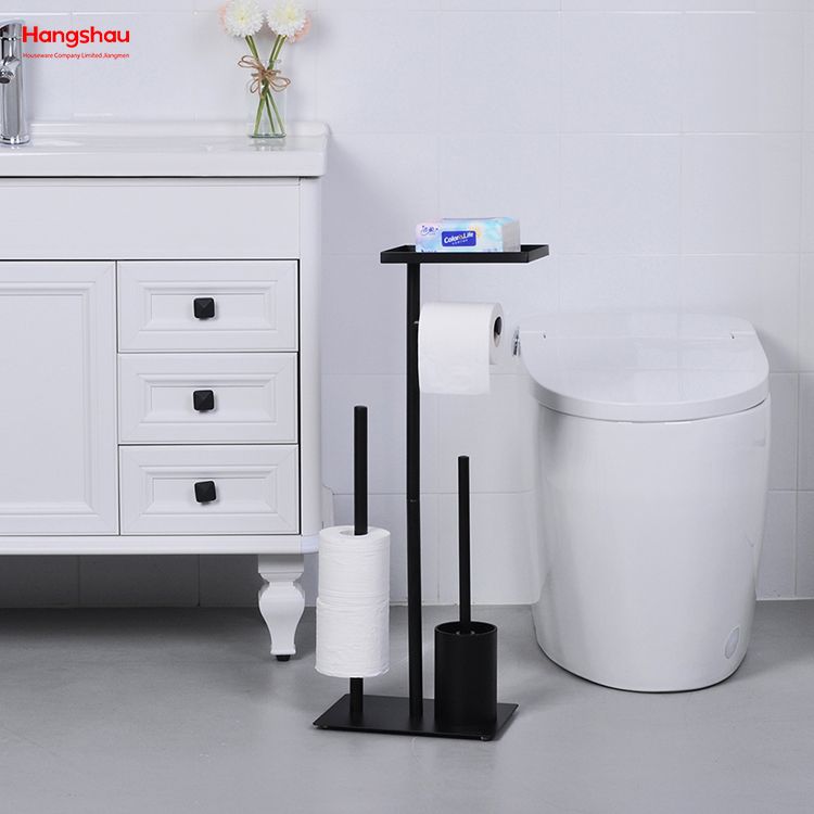 Black Standing Metal Toilet Brush Holder And Paper Holder Powder Coated With Towel Rack Bathroom Cleaning Can Hold Mobile Phone