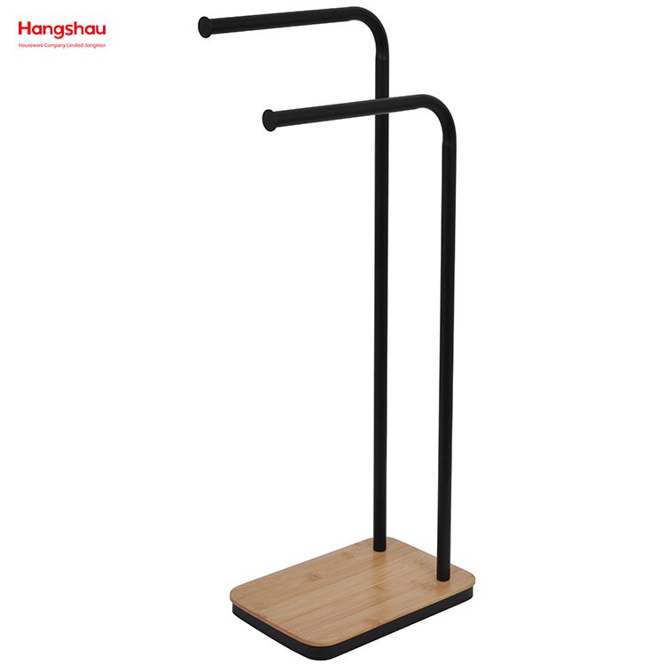 Iron Double-Bar Towel Rack Bathroom Towel Rack Floor-Standing Towel Rack Bamboo Base Towel Rack