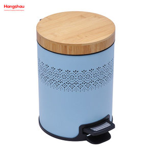 5L Powder Coating Household Pedal Waste Bin Bamboo Dust Bins For Indoor Trash Can Bathroom Trash Can Metal Morden Style Dustbin Garbage Can Bamboo Lid
