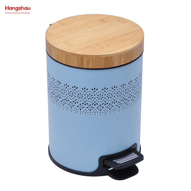 5L Powder Coating Household Pedal Waste Bin Bamboo Dust Bins For Indoor Trash Can Bathroom Trash Can Metal Morden Style Dustbin Garbage Can Bamboo Lid