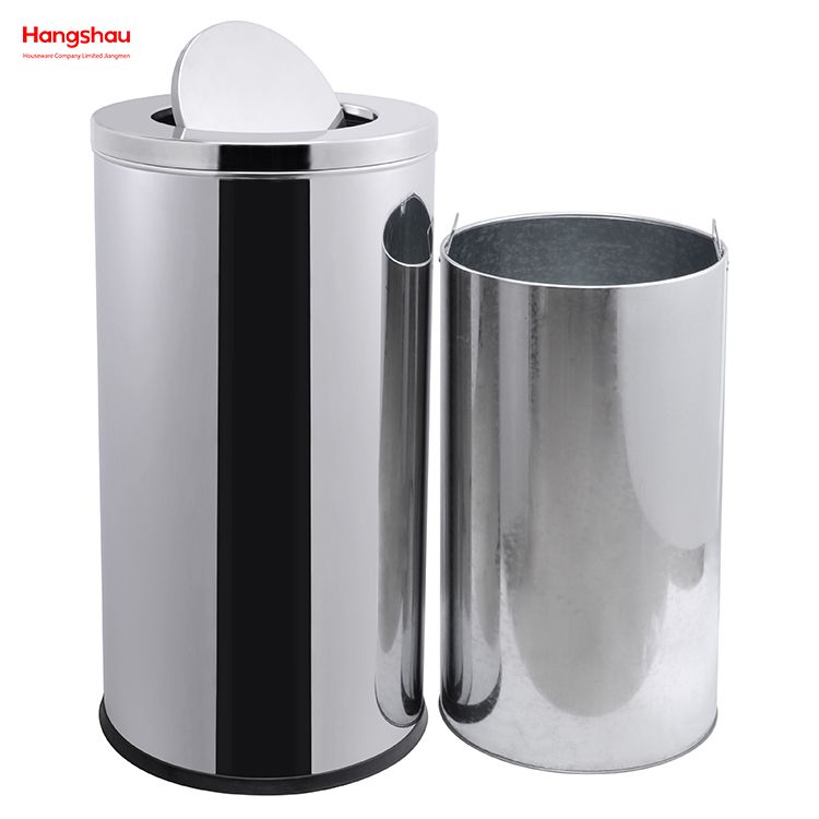 90L Cafeteria Garbage Bins Stainless Steel Swing Lid Garbage Can Trash Can Stainless Steel Round Swing Lid Push Bin(with Inner Bucket) Outdoors Community Street Roadside 