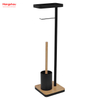 Bamboo-Base Metal Toilet Brush Holder with Tissue Holder And Tray Black Freestanding Design Accommodates Phone