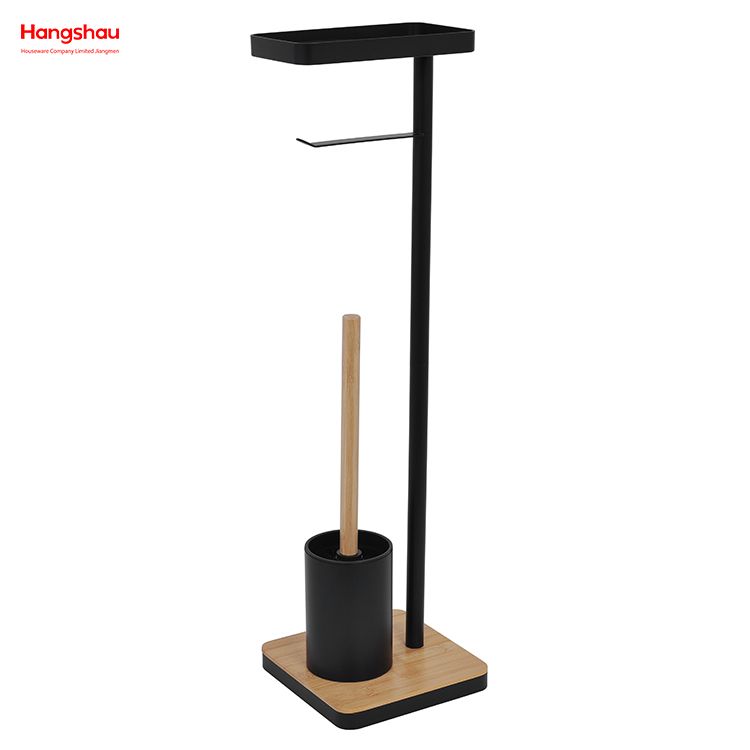 Bamboo-Base Metal Toilet Brush Holder with Tissue Holder And Tray Black Freestanding Design Accommodates Phone