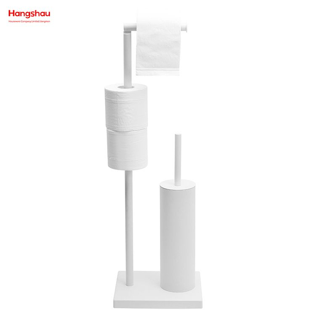 White Powder Coated Standing Metal Toilet Brush Holder And Paper Holder With Towel Rack Bathroom Cleaning Accessory Featuring