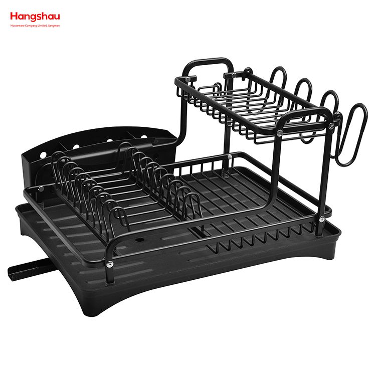 Black Kitchen Utensils Storage Aluminum Alloy Dish Rack over Sink Organizer Stand Dish Rack Cup Holder Double Deck Metal Drying Dish Tray Rack 