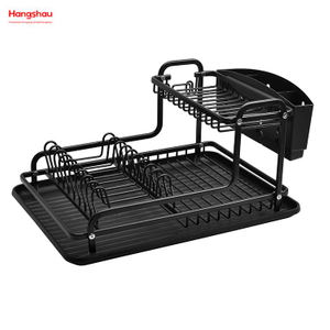 Metal Black Drying Dish Tray Rack Kitchen Double Deck Aluminum Stand Dish Rack Cup Holder Alloy Dish Rack over Sink Organizer 