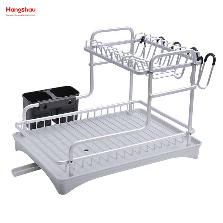 Organizer Double Deck Stand Dish Rack Kitchen Utensils Storage Aluminum Alloy Metal Drying Dish Tray Rack 