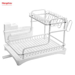 White Kitchen Utensils Storage Aluminum Alloy Metal Drying Dish Tray Rack Organizer Double Deck Stand Dish Rack 