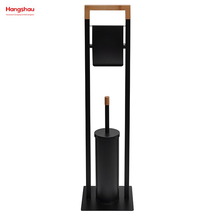 Powder Coated Standing Bamboo&Metal Toilet Brush Holder Lacquer Spraying Metal Free Standing Stainless Steel Toilet Brush And Paper Holder