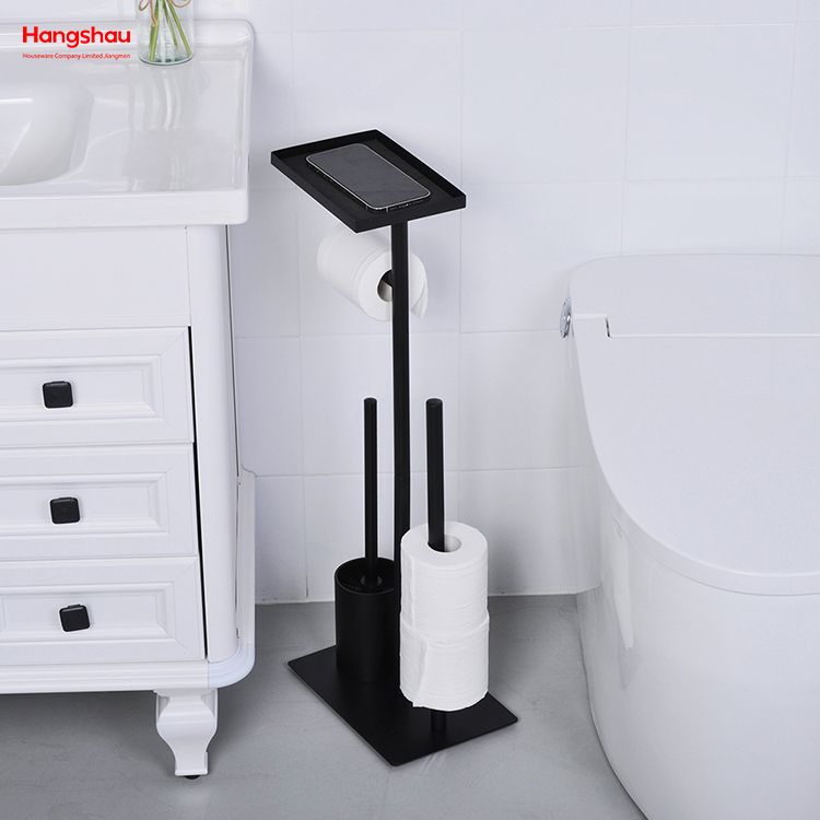 Black Standing Metal Toilet Brush Holder And Paper Holder Powder Coated With Towel Rack Bathroom Cleaning Can Hold Mobile Phone