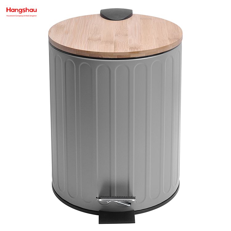 5L Household Stripe Pedal Waste Bin Bamboo Dust Bins Bathroom Trash Can Metal Morden Style Dustbin Garbage Can Bamboo Lid Powder Coating For Indoor Trash Can 