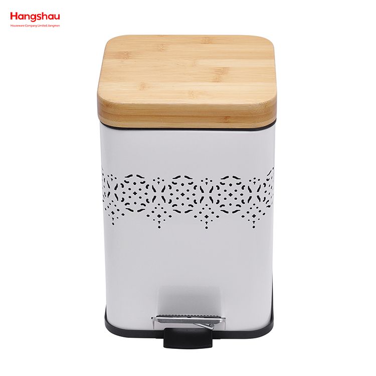 5L Bamboo Lid Square Household Pedal Waste Bin Bamboo Dust Bins For Indoor Trash Can Bathroom Trash Can Metal Morden Style Dustbin Garbage Can Powder Coating