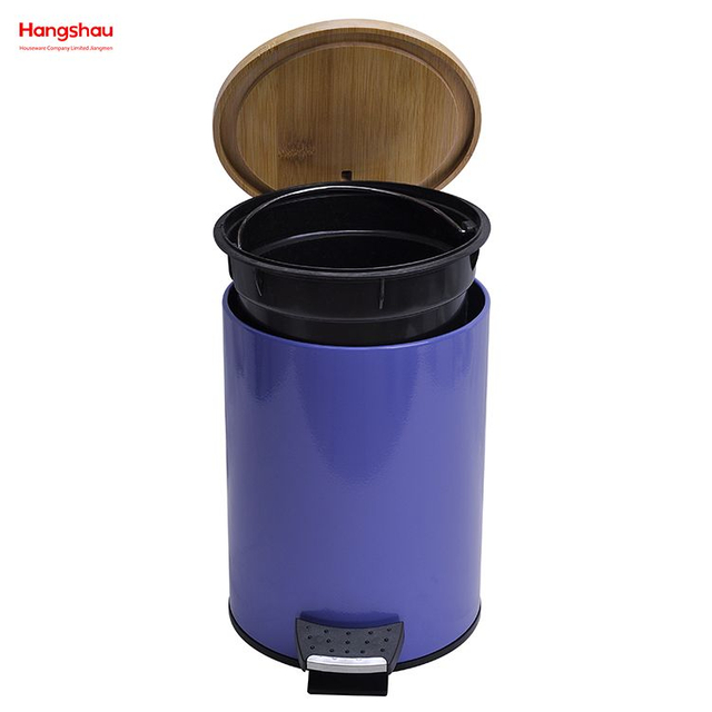 5L Bathroom Trash Can Metal Morden Style Dustbin Garbage Can Bamboo Lid Powder Coating Household Pedal Waste Bin Bamboo Dust Bins For Indoor Trash Can 