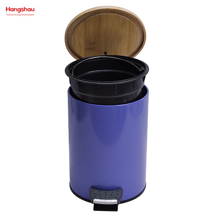 5L Bathroom Trash Can Metal Morden Style Dustbin Garbage Can Bamboo Lid Powder Coating Household Pedal Waste Bin Bamboo Dust Bins For Indoor Trash Can 