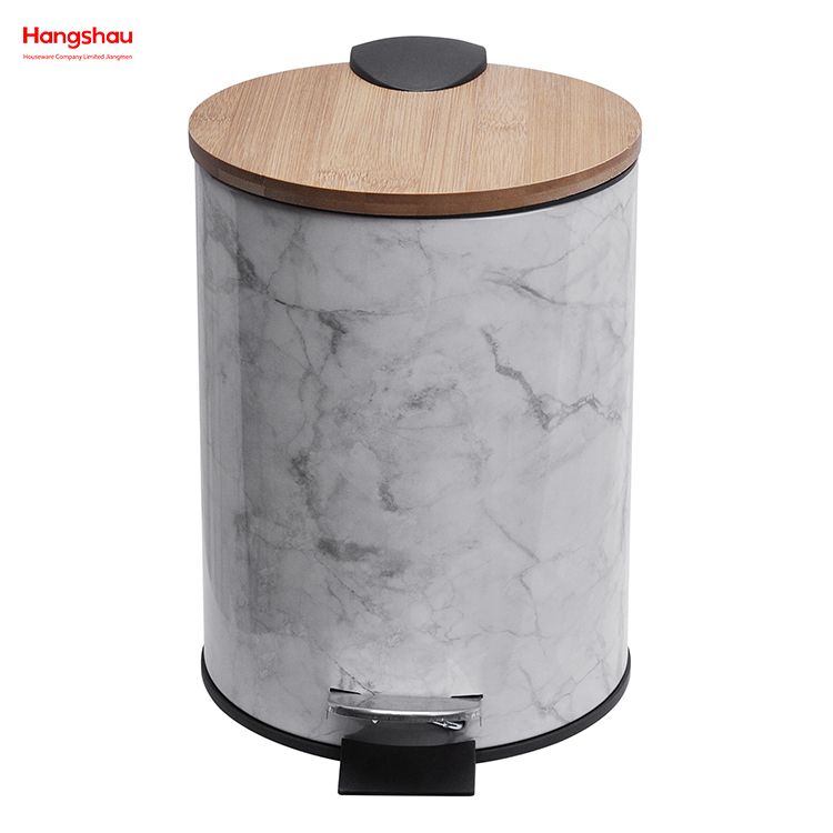 3L Metal Morden Style Dustbin Garbage Can Bamboo Lid Powder Coating For Indoor Trash Can Household Stripe Printing Pedal Waste Bin Bamboo DustBin Bathroom Trash Can 