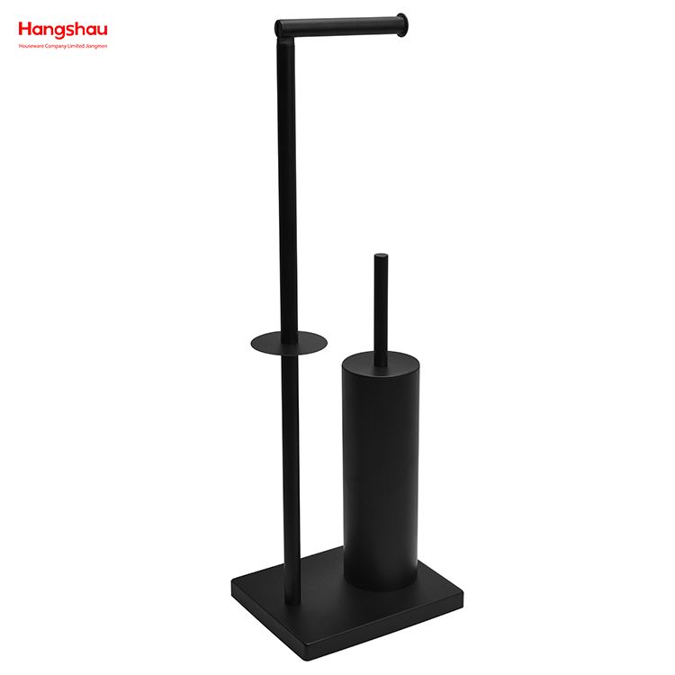 Black Powder Coated Standing Metal Toilet Brush Holder And Paper Holder With Towel Rack Bathroom Cleaning Accessory Featuring