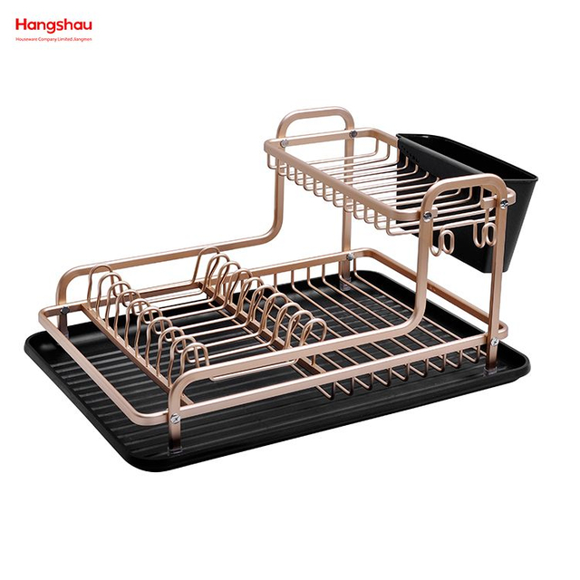 Kitchen Utensils Storage Aluminum Alloy Dish Rack over Sink Organizer Double Deck Metal Drying Dish Tray Rack Stand Dish Rack Cup Holder 