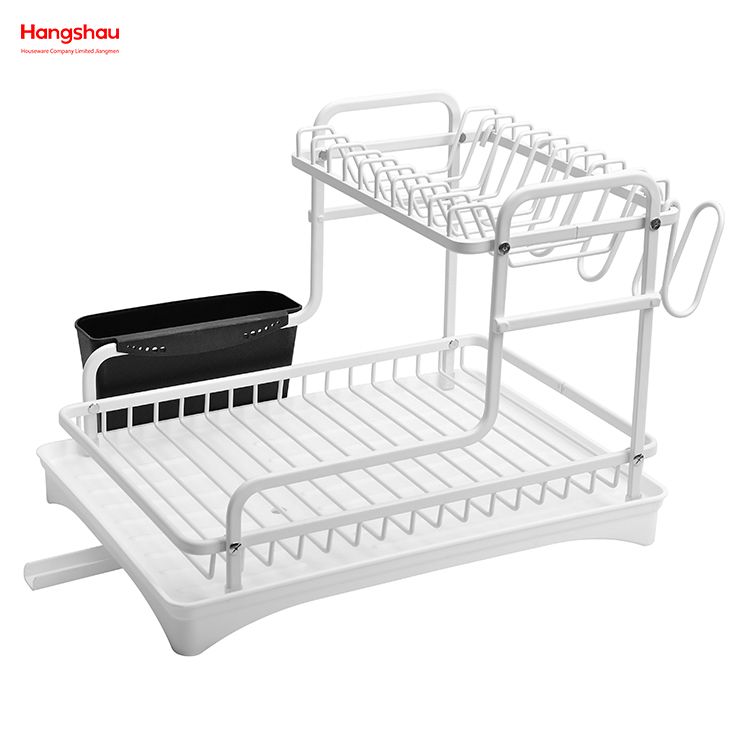 White Kitchen Utensils Storage Aluminum Alloy Metal Drying Dish Tray Rack Organizer Double Deck Stand Dish Rack 