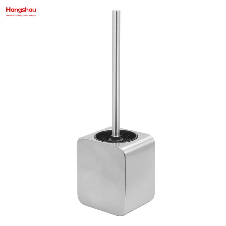 Square Luxury Metal Standing Toilet Brush Shiny Varnished Stainless Steel Bathroom Toilet with Holder Plastic Brush Cleaning Set 
