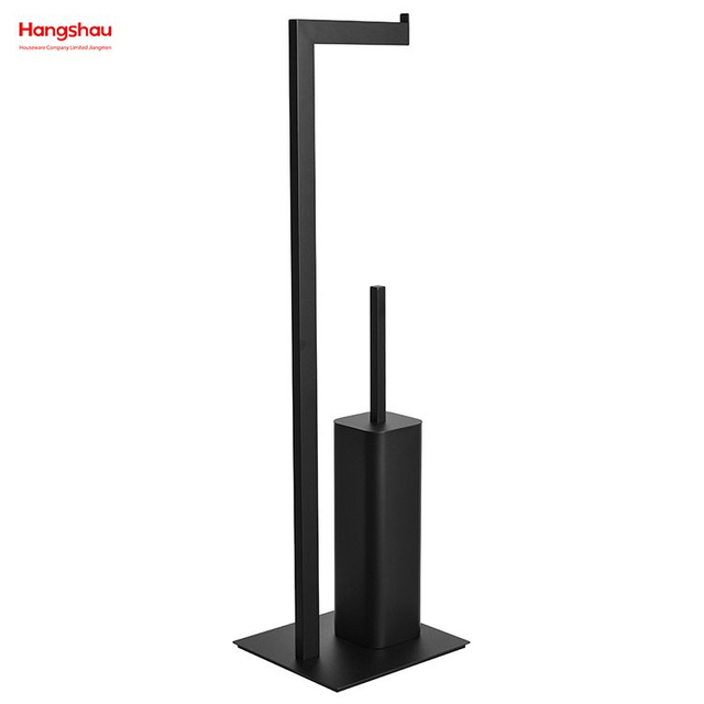 Black Powder Coated With Towel Rack Bathroom Cleaning Accessory Featuring Standing Metal Square Tube Toilet Brush Holder And Paper Holder 