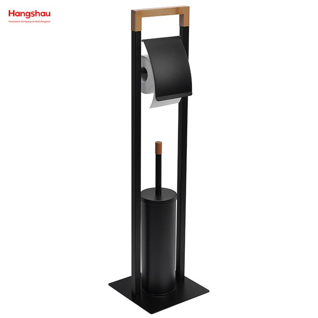 Powder Coated Standing Bamboo&Metal Toilet Brush Holder Lacquer Spraying Metal Free Standing Stainless Steel Toilet Brush And Paper Holder