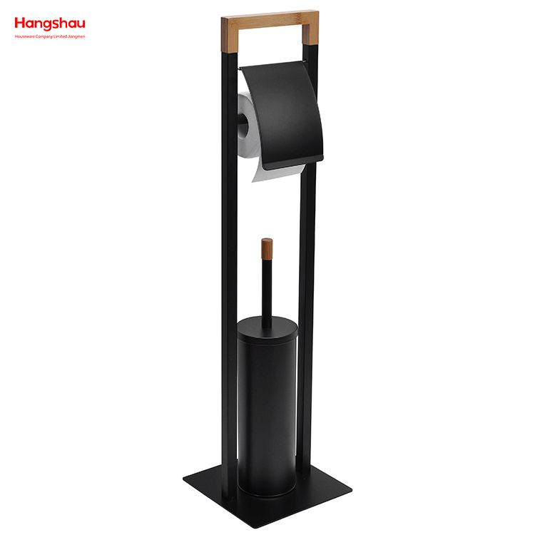 Powder Coated Standing Bamboo&Metal Toilet Brush Holder Lacquer Spraying Metal Free Standing Stainless Steel Toilet Brush And Paper Holder